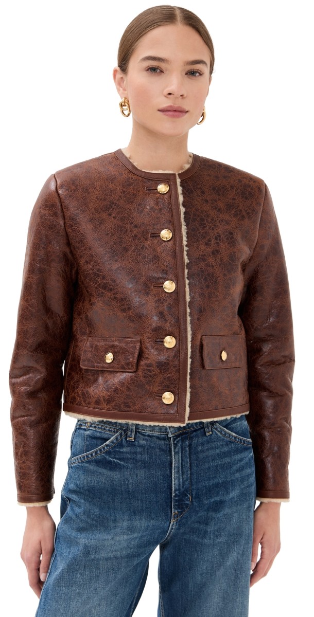 Nili Lotan Zanie Short Shearling Coat Vintage Whiskey