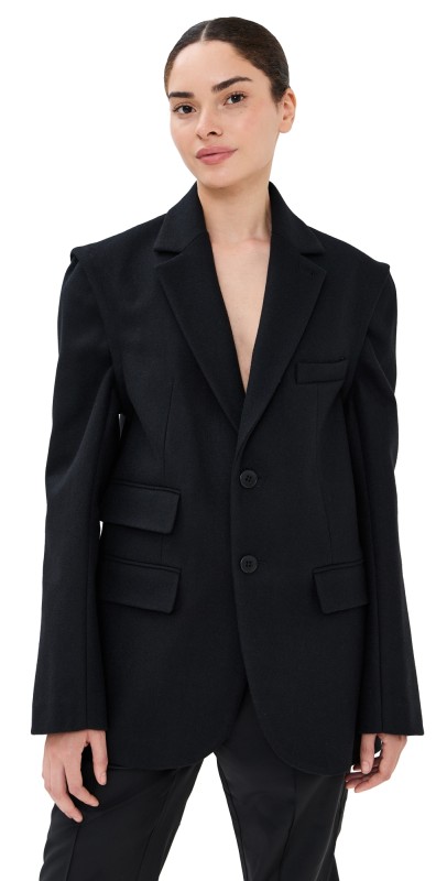 Tibi Bonded Recycled Felted Wool Convertible Blazer Black
