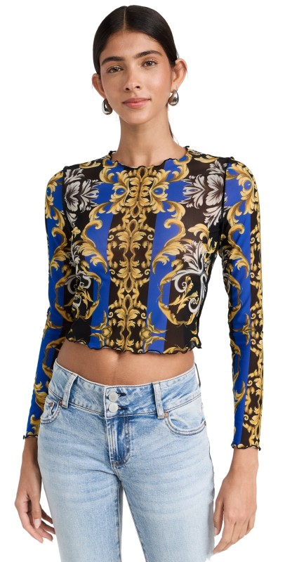 alice + olivia Delaina Lettuce Hem Crew Neck Top Regal Romance Sapphire