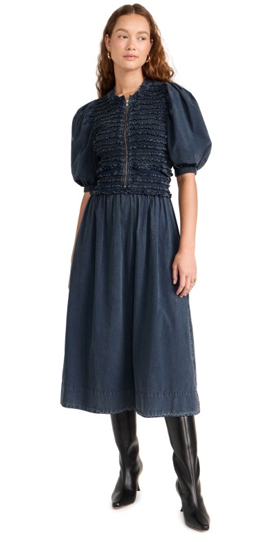 Sea Tilde Cotton Puff Sleeve Zip Front Dress Blue