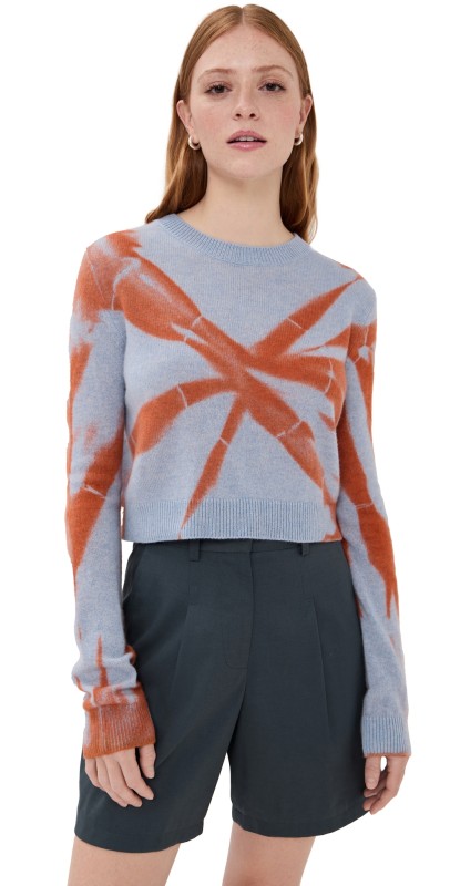 The Elder Statesman Mythic Tranquility Cashmere Crew Sweater Ice w/ Persimmon