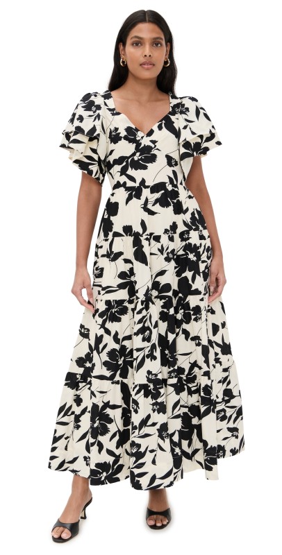 English Factory Print Dramatic Bubble Sleeves Maxi Dress White/Black