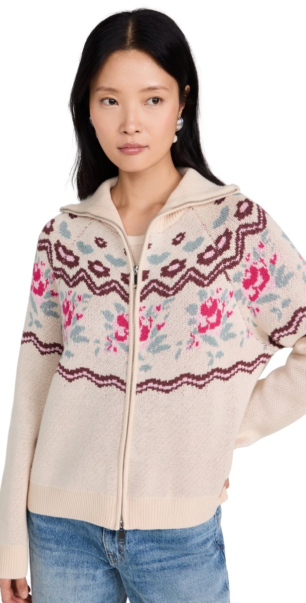 For Love & Lemons Ski Lodge Knit Zip-Up Sweater Cream