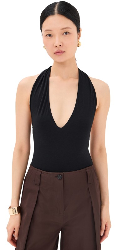 Another Tomorrow Cotton Tencel Halter Bodysuit Black