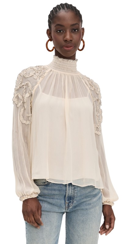 Ulla Johnson Magdalena Silk Smocked Long Sleeve Blouse Chantilly