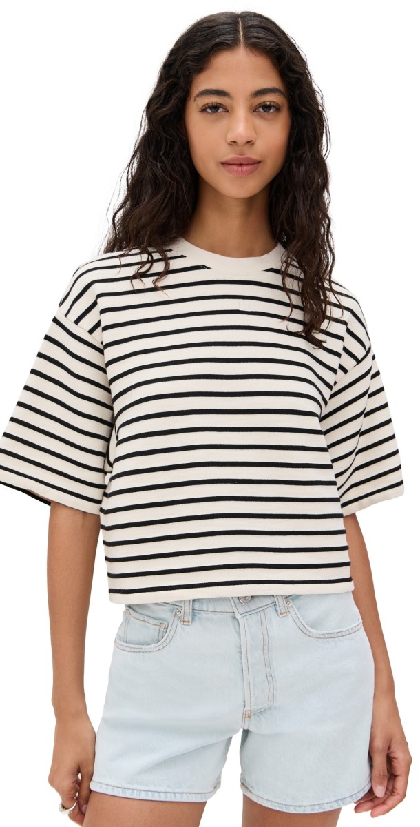 ANINE BING Myers Cropped Tee Black Stripe French Terry