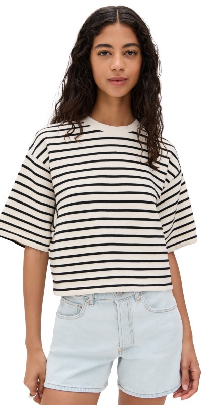 ANINE BING Myers Cropped Tee Black Stripe French Terry