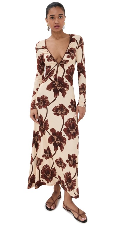 Johanna Ortiz Alma Bordada Ankle Dress Ecru/Chocolate/Mocca