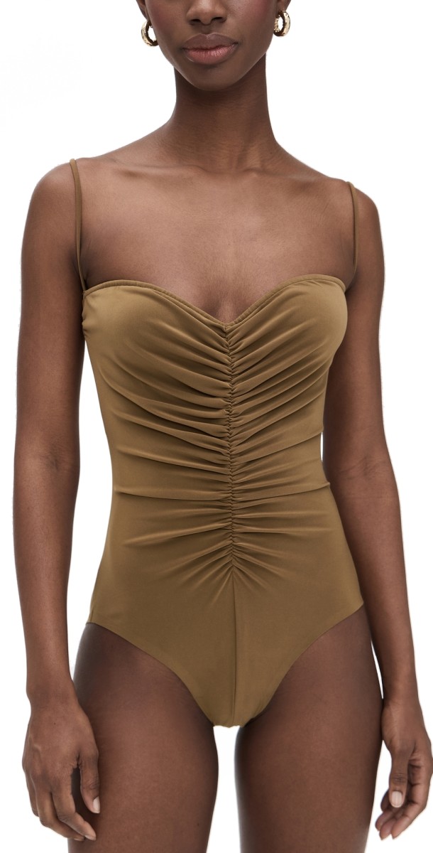 Norma Kamali Strapless Shirred Front Mio One Piece Bronze