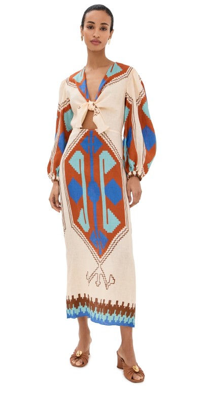Johanna Ortiz Sailing Flags Ankle Dress Ayahuasca/Ecru/Blue/Orange/Brown