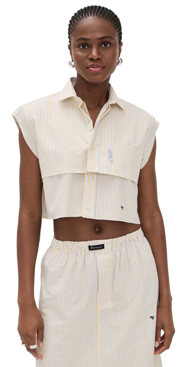 HOMMEGIRLS Sleeveless Layered Cropped Shirt Yellow Stripe Oxford