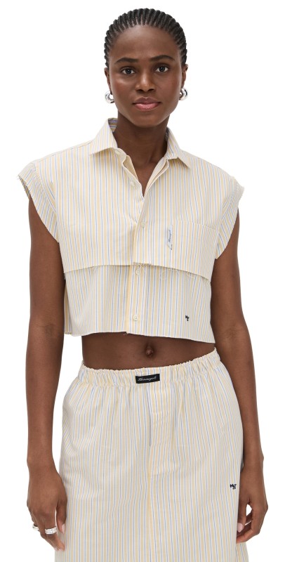 HOMMEGIRLS Sleeveless Layered Cropped Shirt Yellow Stripe Oxford