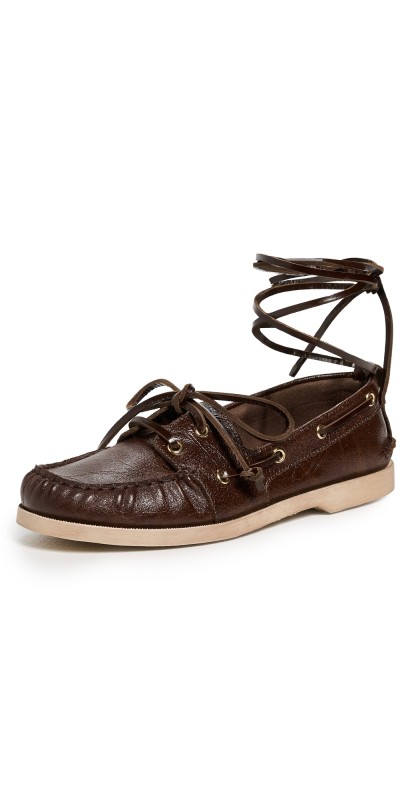 Golden Goose Wrinkled Leather Boat Shoes Dark Brown