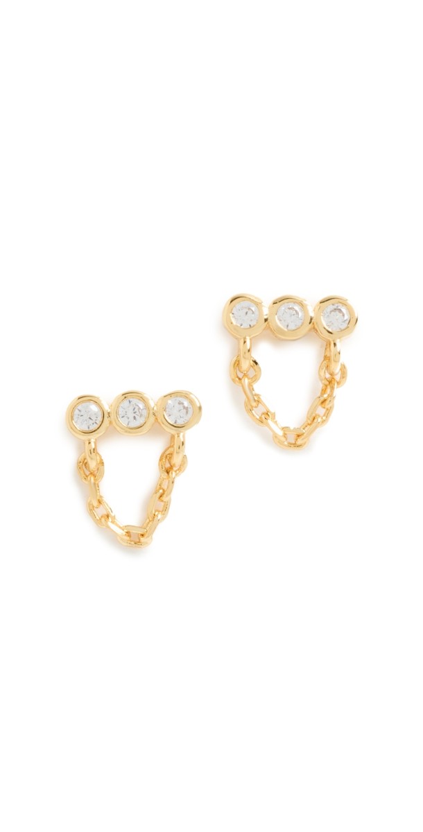 By Adina Eden Mini Triple Cubic Zirconia Bezel Bar Drop Chain Stud Earrings Gold