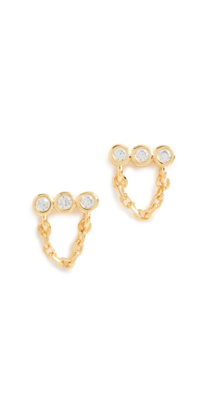 By Adina Eden Mini Triple Cubic Zirconia Bezel Bar Drop Chain Stud Earrings Gold