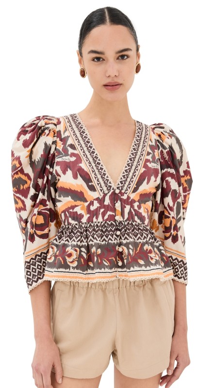 FARM Rio Toucans Scarf Cream Puffed Sleeve Blouse Toucans Scarf Cream