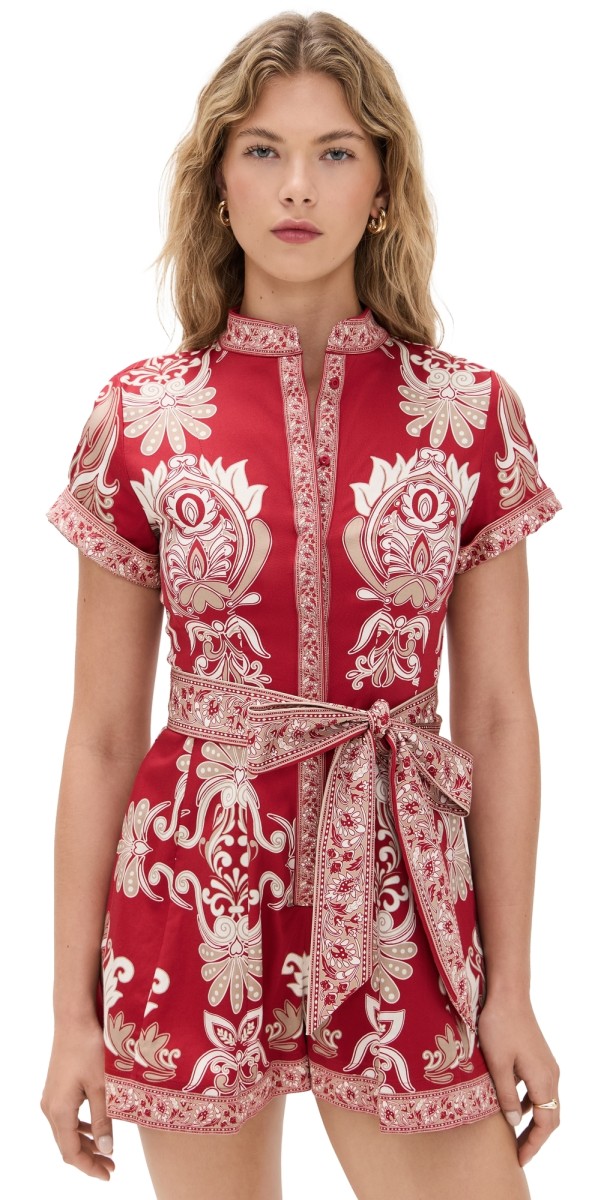 alice + olivia Lucy Roll Sleeve Button Down Romper Serenade Dark Cherry