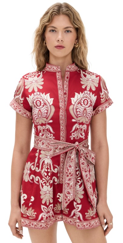 alice + olivia Lucy Roll Sleeve Button Down Romper Serenade Dark Cherry
