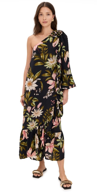 FARM Rio One Shoulder Ruffled Maxi Dress Surreal Flowers Black