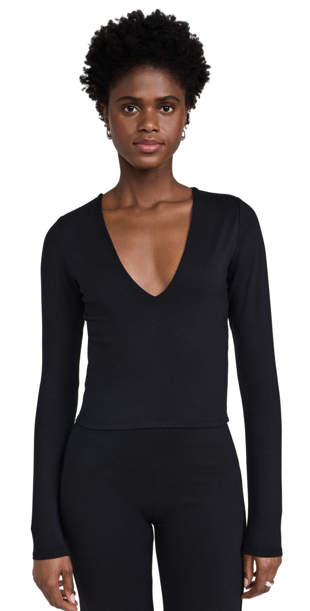 Les Tien Dan Deep V Neck Long Sleeve Tee Jet Black