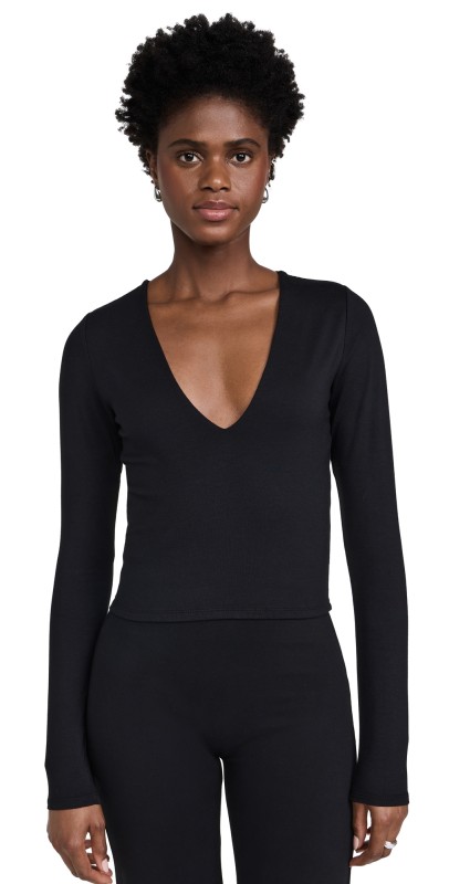 Les Tien Dan Deep V Neck Long Sleeve Tee Jet Black