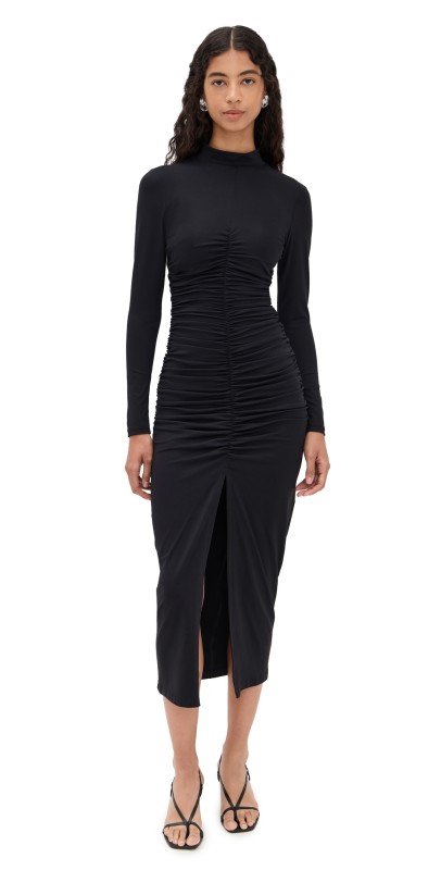 Susana Monaco Mock Neck Gathered Front Long Sleeve Dress Black