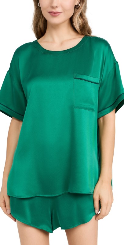 Lunya Washable Silk Long Sleeve Piped Tee Short Set Estuarine Green/Noble Emerald