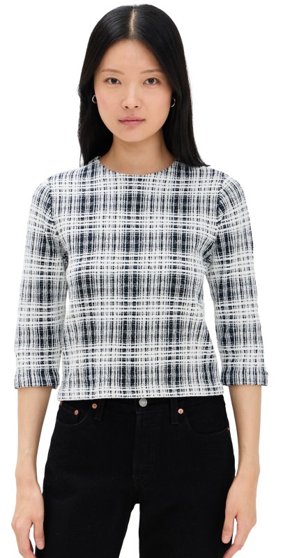 Vince Boucle Plaid Elbow Sleeve Sweater Coastal/Off White