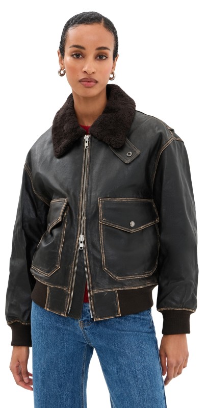 DUNST Shearling Collared Leather Jacket Brushed Brown