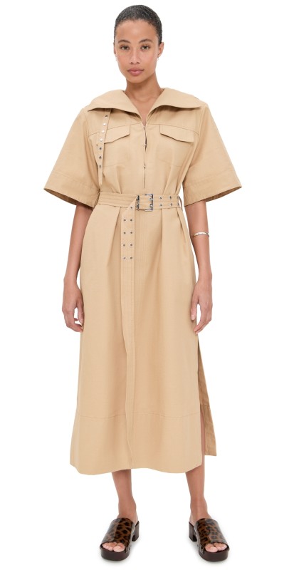 GANNI Classic Summer Suiting Cowl Neck Long Dress Pale Khaki