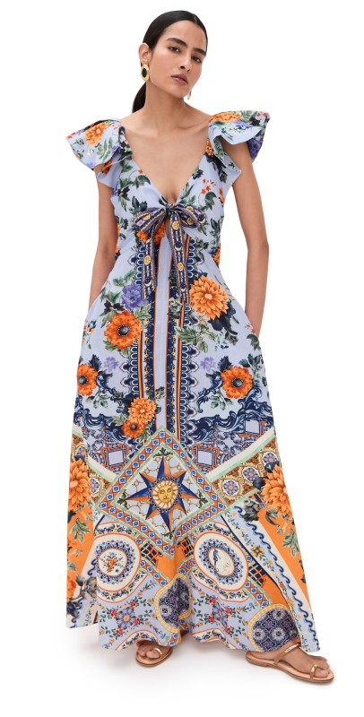 Camilla Tie Front Frill Sleeve Long Dress Luscious In Lisbon