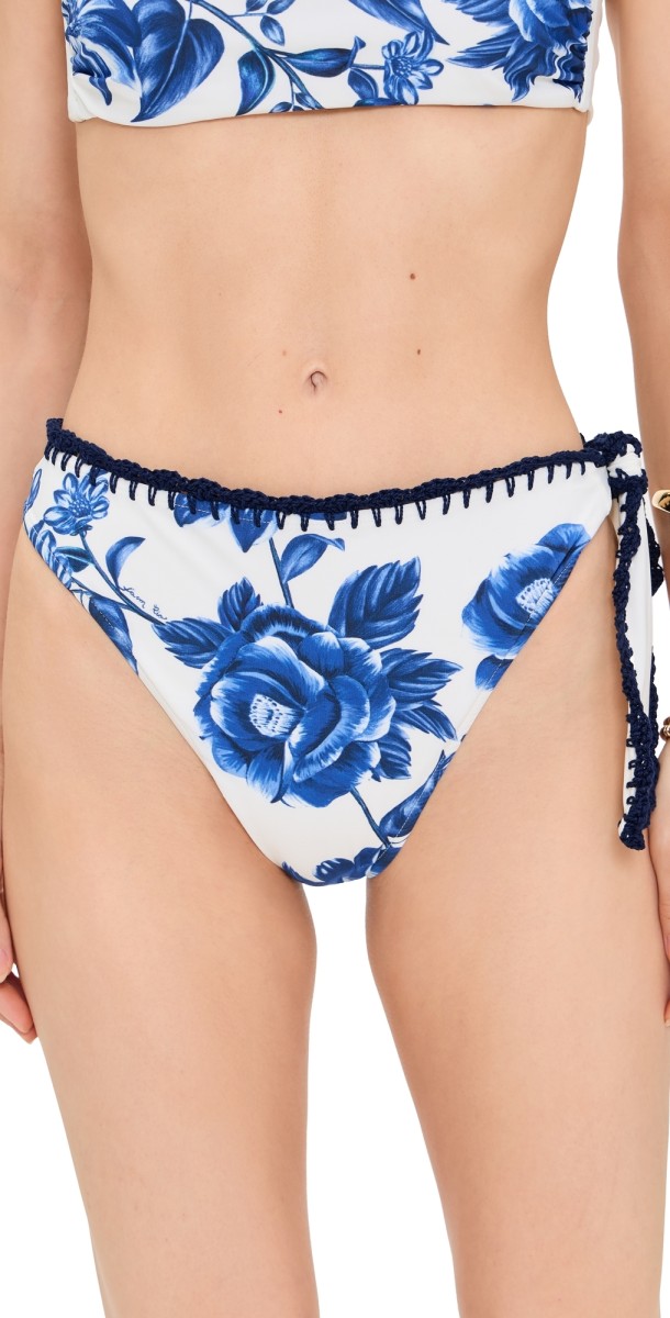 FARM Rio Floral Cascade High Waist Bikini Bottoms Blue Floral Cascade Off-White