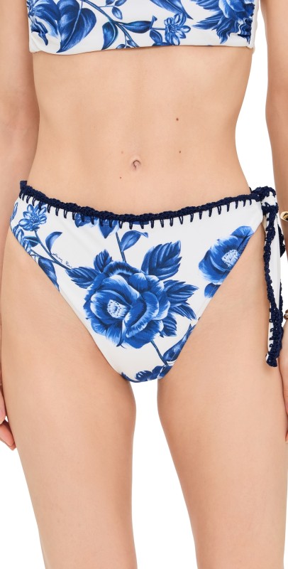 FARM Rio Floral Cascade High Waist Bikini Bottoms Blue Floral Cascade Off-White