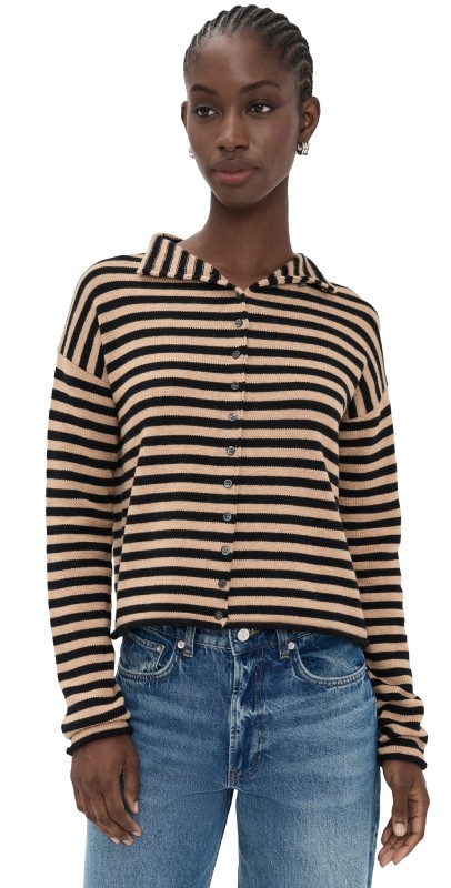 Alex Mill Taylor Stripe Cotton Cashmere Blend Cardigan Black/Camel