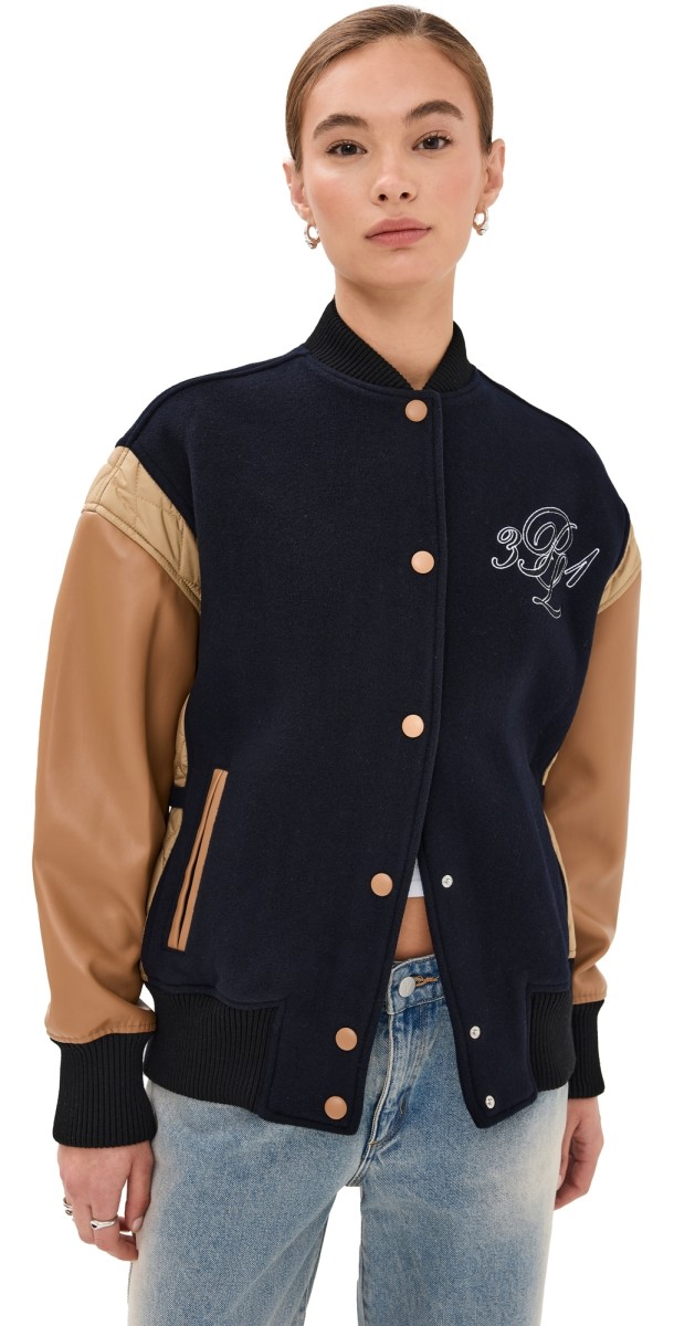 3.1 Phillip Lim Boxy Fit Varsity Bomber Jacket Midnight/Black/Latte