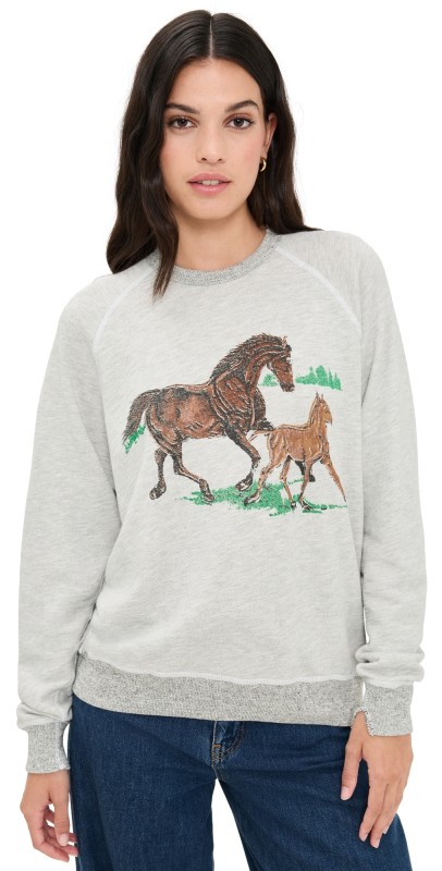 THE GREAT. The College Sweatshirt with Running Horses Soft Heather Grey