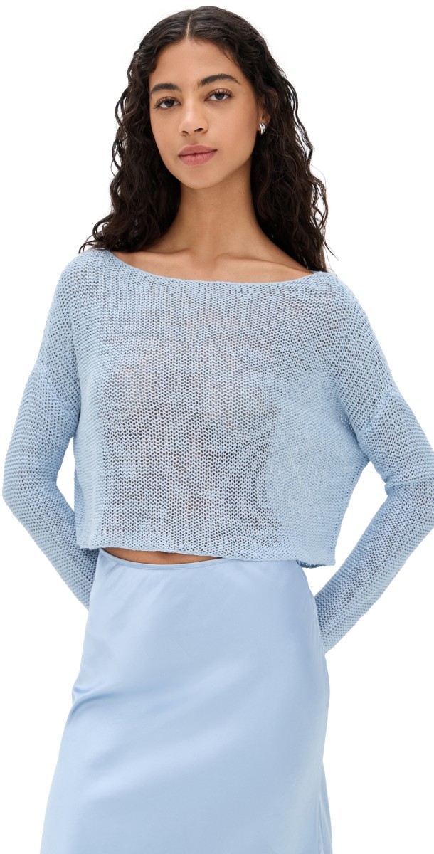 Enza Costa Linen Open Knit Bateau Sweater Sky