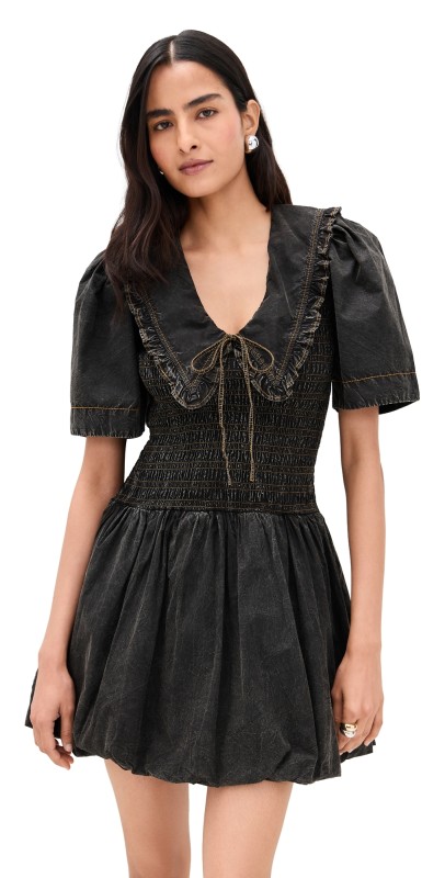 GANNI Garment Dyed Cotton Mini Smock Bubble Dress Black