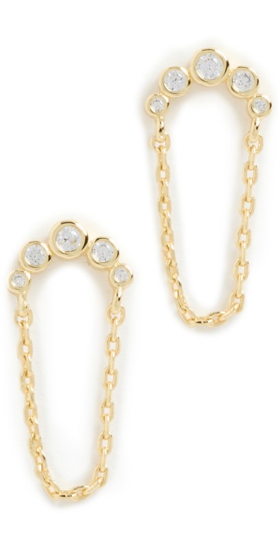 By Adina Eden Cubic Zirconia Bezel Curved Bar Chain Stud Earrings Gold