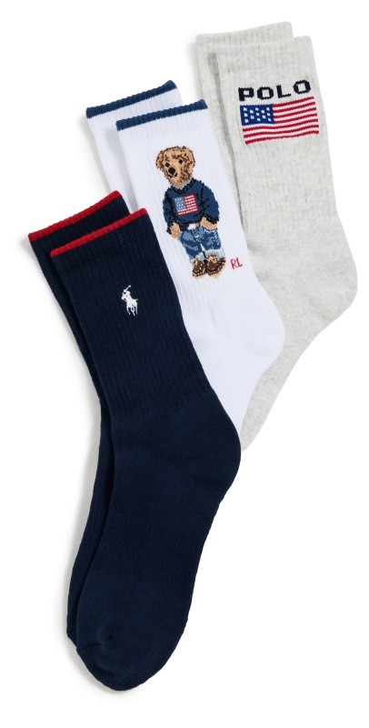 Polo Ralph Lauren Flag Bear Socks 3 Pack Oatmeal/Navy/White Assorted