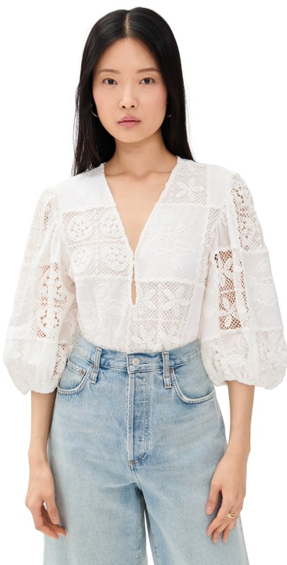 FARM Rio Off-White Rosy Eyelet Puffy Sleeve Thong Bodysuit Off-White