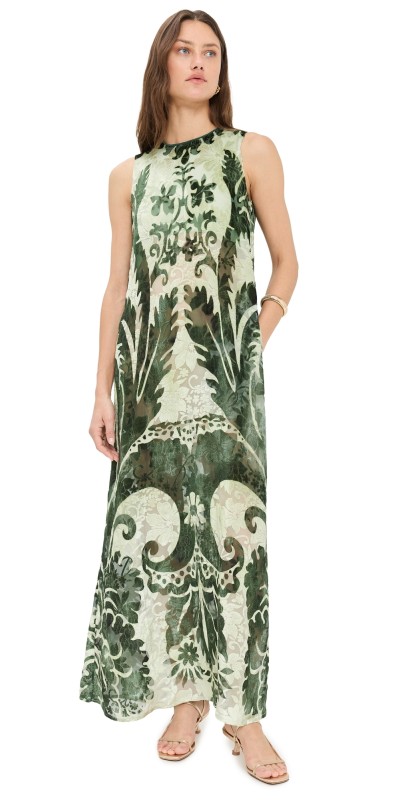 F. R.S For Restless Sleepers Megera Dress Dark Green Background Damask