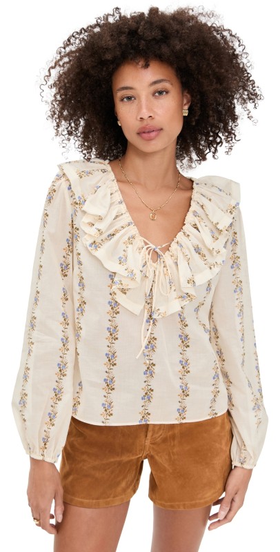 WAYF Abby Ruffle Blouse Ivory Floral Stripe