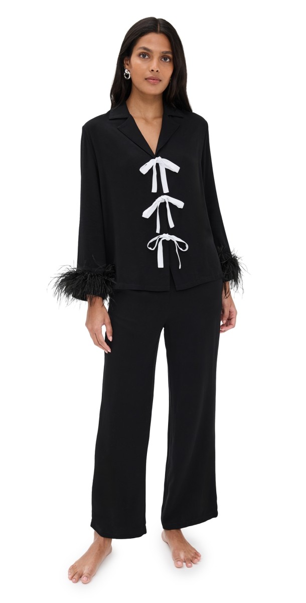 Sleeper The Bow Pajama Set with Detachable Feathers Black