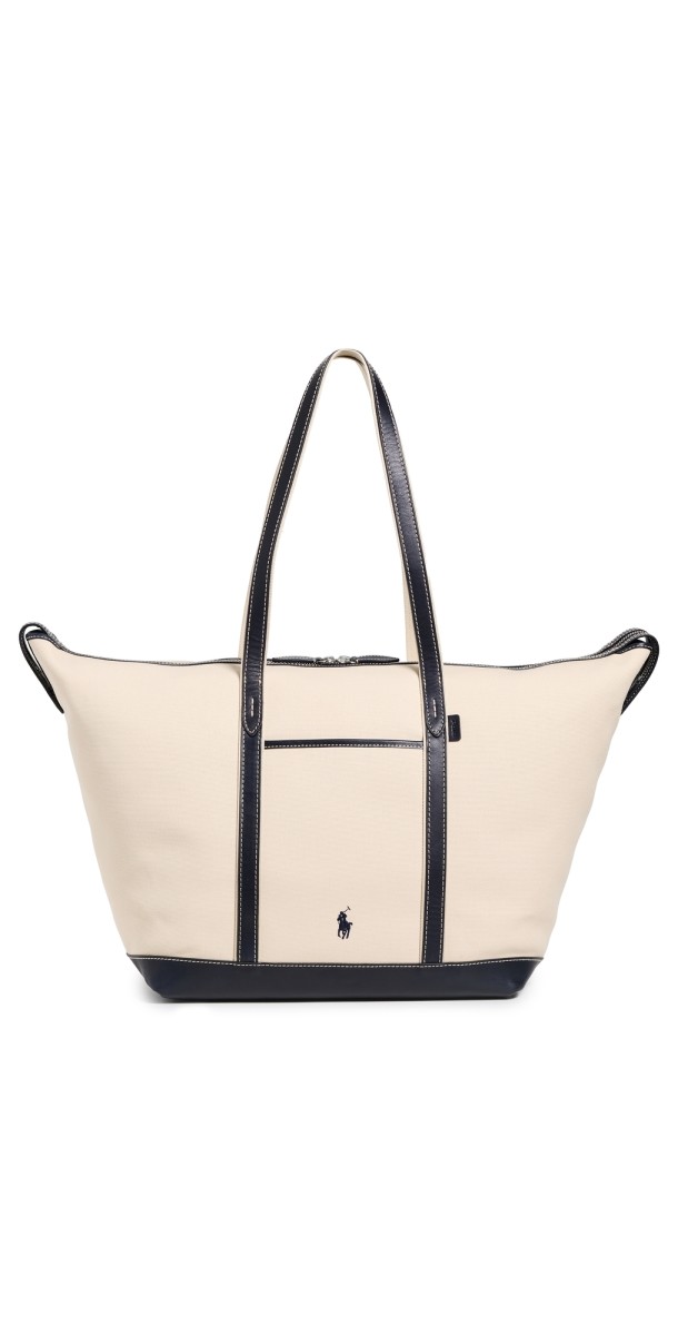 Polo Ralph Lauren Leather Trim Canvas Large Shopper Tote Ecru/Navy