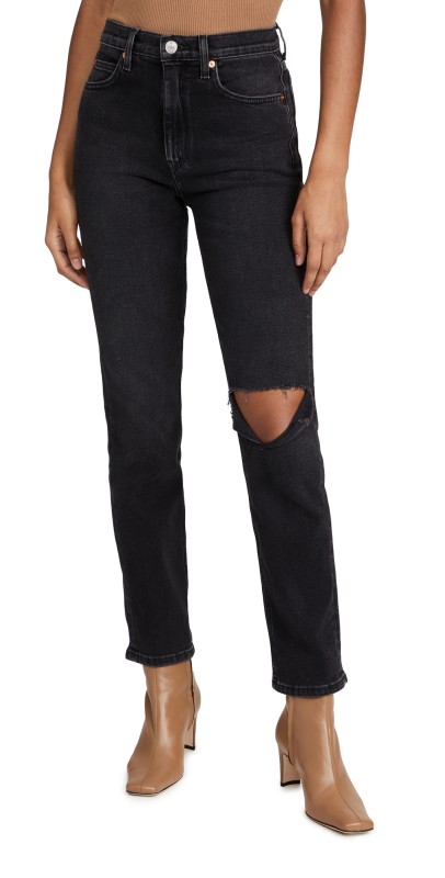 RE/DONE 70's Straight Jeans Washed Noir w/ Hole