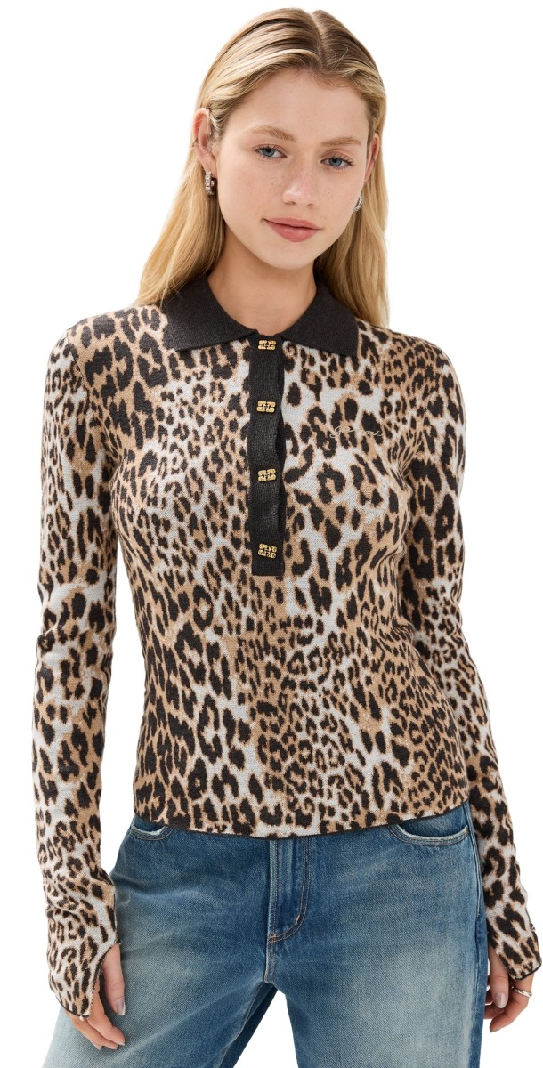 GANNI Fine Merino Jacquard Leopard Polo Leopard