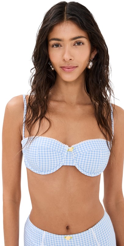 STAUD Jo Balconette Bikini Top Sky Micro Check
