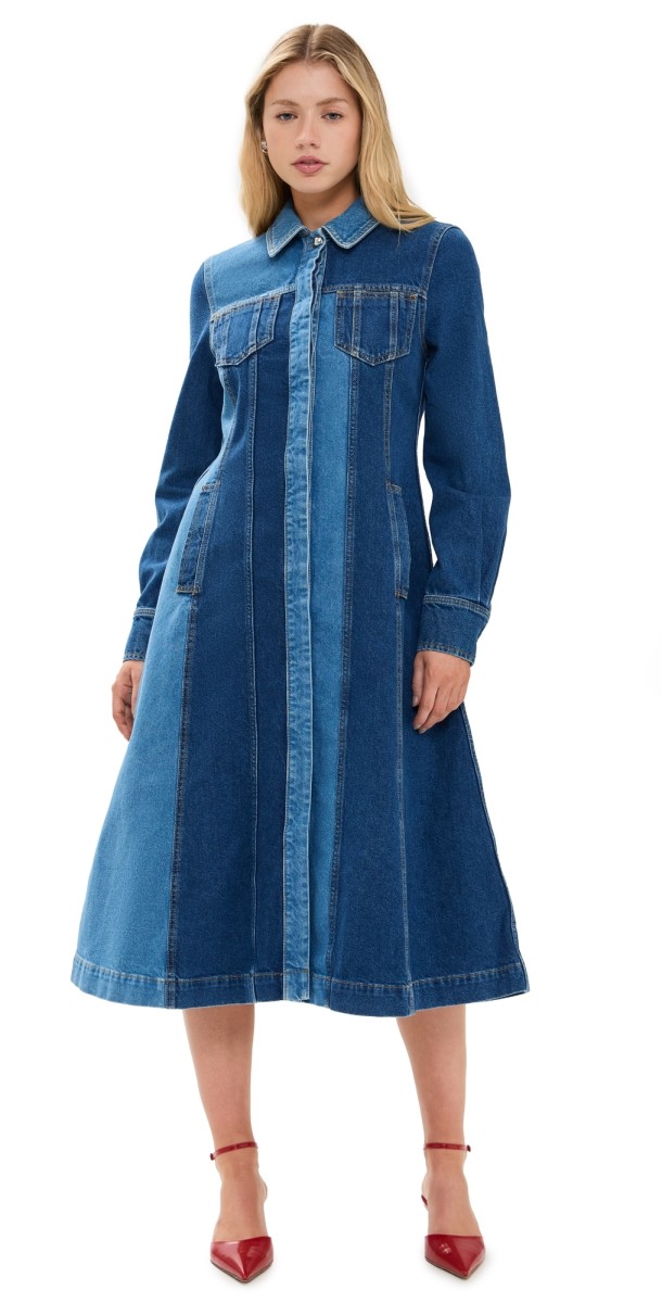 Stine Goya Long Sleeve Denim Dress Two Tone Denim