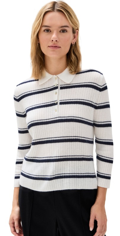 Vince Mulberry Silk Blend Stripe Cashmere Polo Off White/Coastal